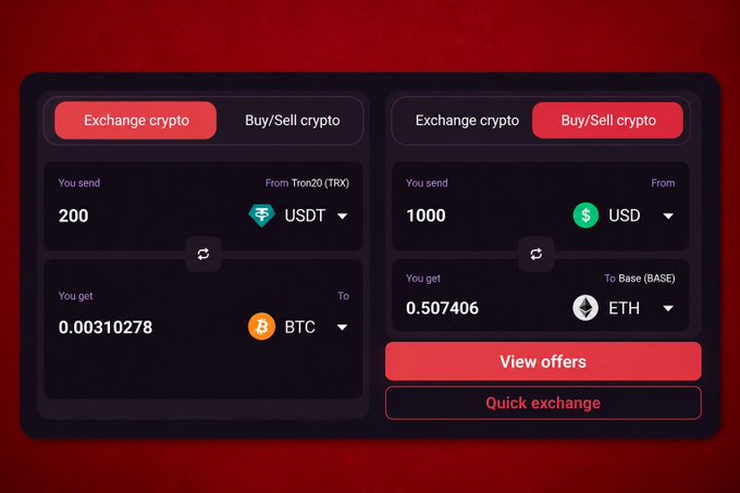 A red-themed crypto exchange interface showing two swap panels — 'Exchange crypto' (200 Tron20 USDT to 0.00310278 BTC) and 'Buy/Sell crypto' (1000 USD to 0.507406 Base ETH) — with View offers and Quick exchange buttons.