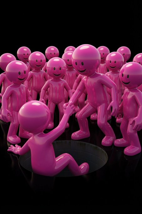 3D rendered scene of multiple pink glossy smiling humanoid figures, with one figure sitting in a hole reaching up to be helped out by the others.
