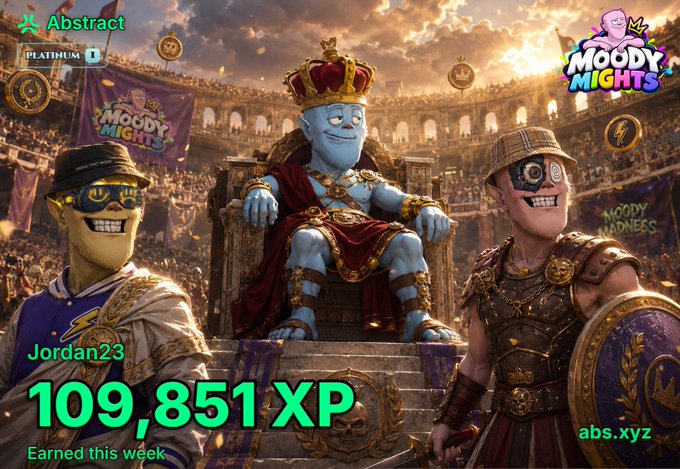 A promotional graphic for 'Moody Miggts' on Abstract.xyz showing cartoon characters including a blue crowned king, with text 'Jordan23', '109,851 XP', and 'Earned this week'.