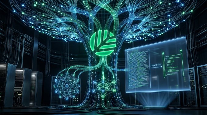 A digital illustration of a futuristic, glowing green tree-like structure made of light and circuitry, with a stylized logo in the center and a screen displaying code and a compression diagram on the right.