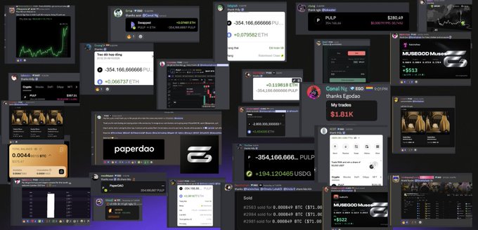 A collage of various cryptocurrency transaction screenshots and wallet interfaces displaying token symbols like PULP, EGO, and USDG.