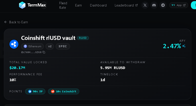 A TermMax interface shows a 'Coinshift rlUSD vault' on Ethereum v2 with a 2.47% APY, $20.17M total value locked, and 5.95M RLUSD available to withdraw.