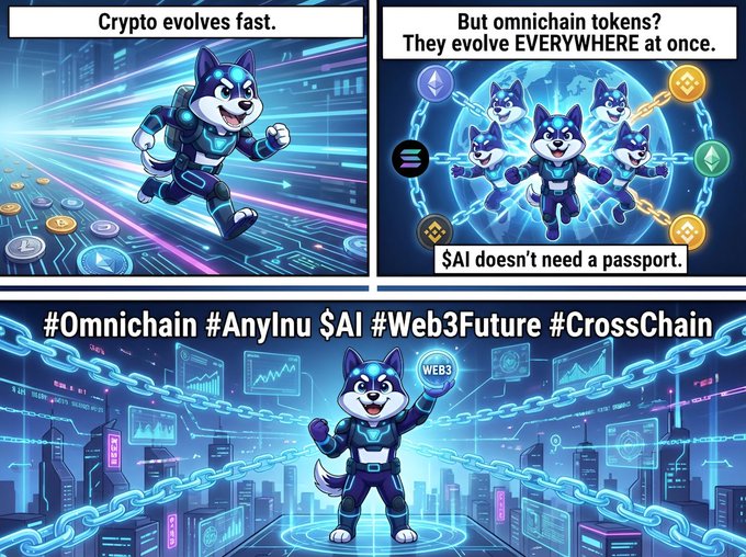 A crypto promotional meme in comic-book style panels featuring a cyberpunk dog character, with text explaining that 'omnichain tokens evolve EVERYWHERE at once' and hashtags #Omnichain #AnyInu $AI #Web3Future #CrossChain.