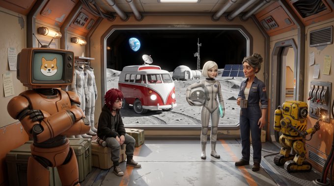 An illustrated sci-fi scene featuring a robot with a Shiba Inu face on a TV monitor, a red-haired figure, two women in futuristic attire, a yellow robot, and a red van on a lunar landscape visible through a window.