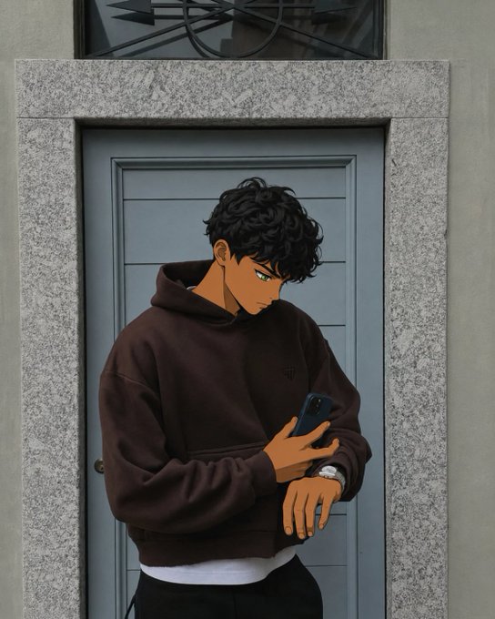 The image features a young man wearing a brown hoodie, standing outside of a door with his hands on his hips. He's looking at his cell phone, which has a picture of a cat on it. The caption for this image reads "gm it' s a new week. let' s strike those goals. my exams begin today, so activity here might be limited. wish me luck. also dropping on the @timesoulcom x @BingXOfficial campaign LB. I will see if there'll be changes."