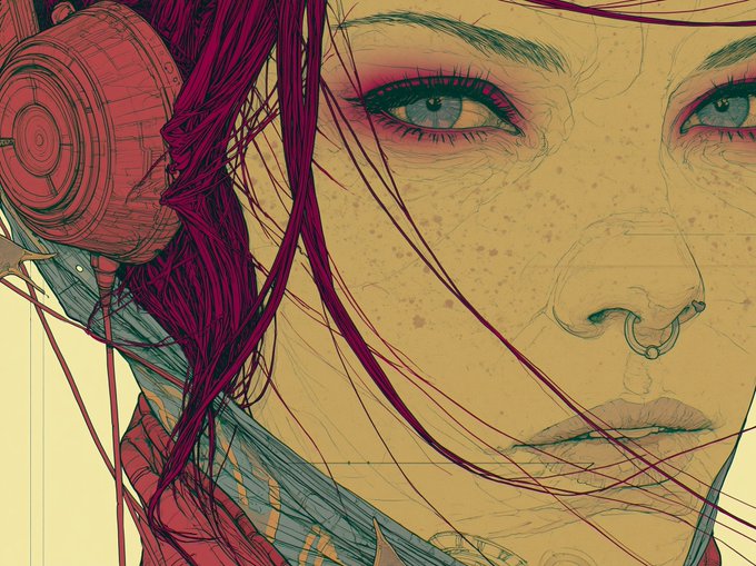 Stylized illustration of a red-haired woman with blue eyes, freckles, a nose ring, and red headphones, with the word 'AURORA' partially visible.