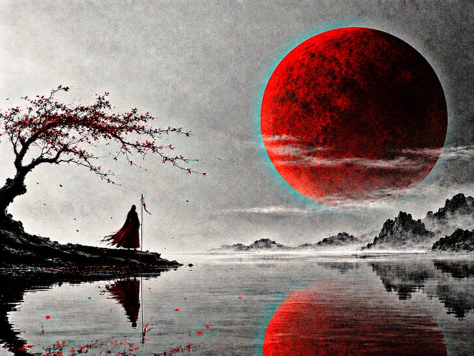 A stylized illustration featuring a silhouetted figure with a staff standing beneath a red-blossomed tree, facing a massive red moon reflected in a calm body of water.