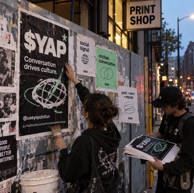 Two people are wheat-pasting posters for '$YAP' (tagline: 'Conversation drives culture.') onto a wall outside a 'PRINT SHOP' in an urban setting. The posters reference 'social signal', 'onchain conversation', and 'post + earn + repeat', with social handle '@useyapdotfun'.