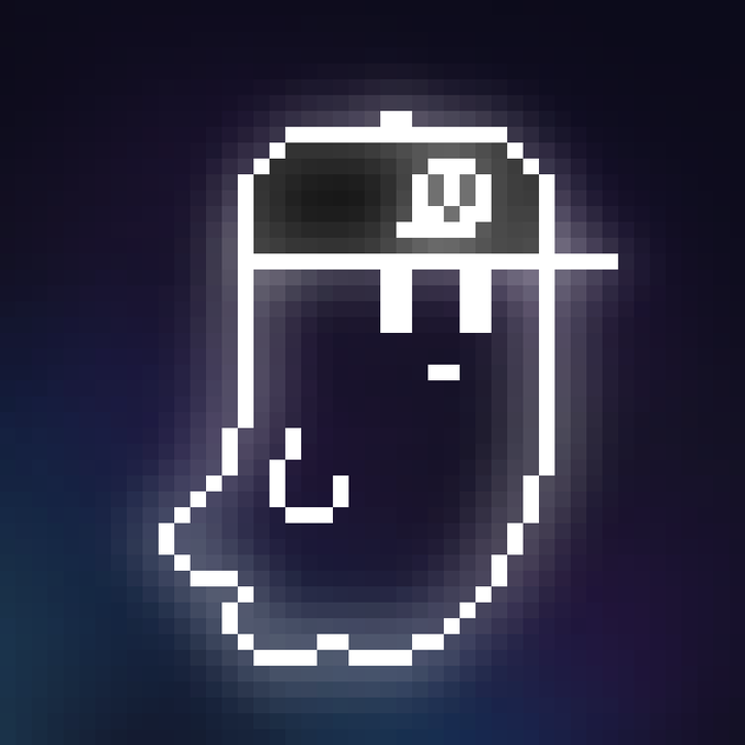 A pixel art illustration of a ghost-like character wearing sunglasses with a mischievous expression against a dark purple background.