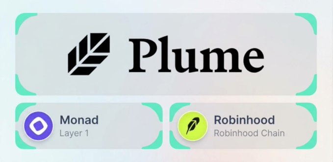 A promotional graphic for Plume featuring the Plume logo at the top and badges for 'Monad Layer 1' and 'Robinhood Robinhood Chain' below.