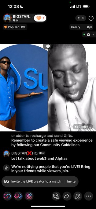 The image shows a social media app with two posts displayed side by side, one being a photo of a man wearing a blue shirt and sunglasses holding up his hand while the other is a photo of a person's face with their head resting on their arm. The text in the image includes mentions of "Big Stam" and "SUI", which could be related to the posts or possibly part of the app's name.
