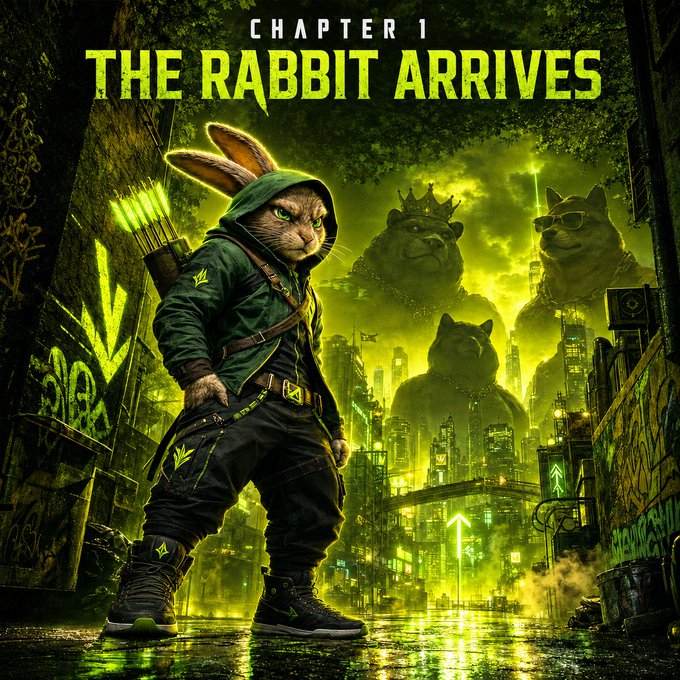 A digital illustration titled 'CHAPTER 1 THE RABBIT ARRIVES' showing an anthropomorphic rabbit in green hooded attire holding a bow, with cats wearing crowns in the background.