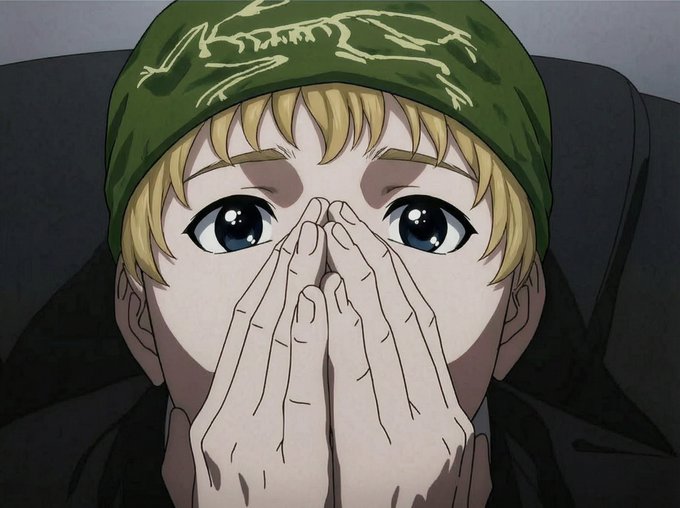 An anime character with blonde hair, wearing a green bandana, holds both hands over their mouth in a worried, anxious expression while staring forward with wide eyes—perfectly capturing the nervous "GM" energy of a crypto trader watching their liquidation price approach on a Sunday morning.