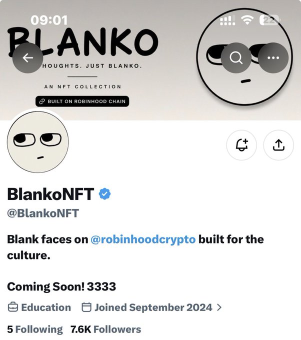 A Twitter/X profile for "BlankoNFT" (@BlankoNFT), a verified NFT collection of blank faces on Robinhood Chain with 7.6K followers, teasing "Coming Soon! 3333." The image supports a giveaway post offering 5 guaranteed spots to participants who follow the host and BlankoNFT, like and retweet, and submit EVM wallet addresses.