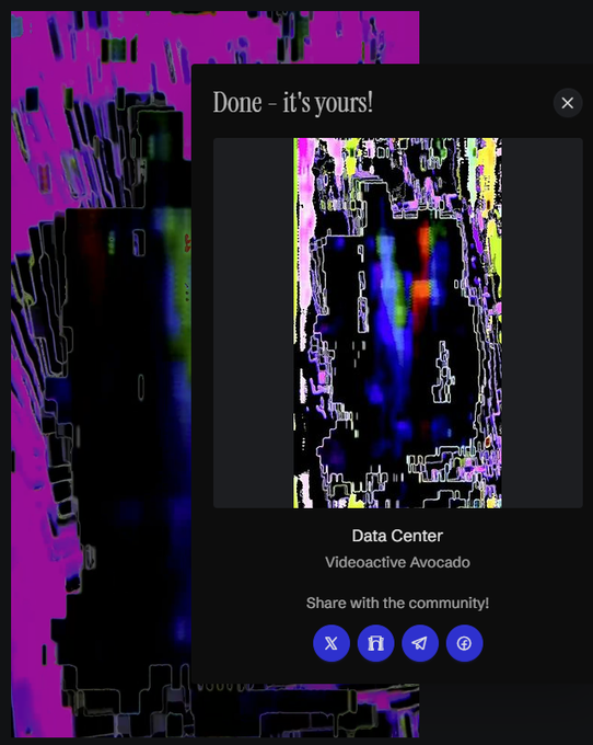A digital artwork titled 'Data Center' with the tagline 'Videoactive Avocado' is displayed in a pop-up window reading 'Done - it's yours!', with sharing options and a glitchy, distorted background.
