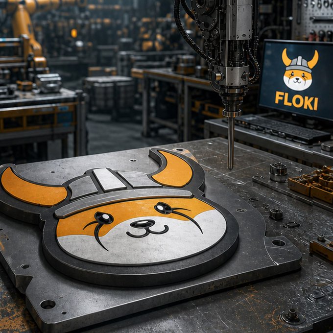 A robotic arm stamps out a durable Floki coin emblem on a metal workbench in an industrial forge, with the "FLOKI" branding displayed on a nearby screen. The rugged manufacturing scene reinforces the "Forged to last" caption, emphasizing the token's strength and resilience.