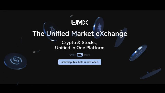 The image shows a promotional banner for UMX (The Unified Market Exchange) featuring the tagline "Crypto & Stocks, Unified in One Platform" with a toggle switch between "Crypto" and "Stocks" options and an announcement that the "Limited public beta is now open." This visually supports the news that UMX, incubated by Li Lin's Avenir Group, is launching its invitation-only public beta as a unified platform for trading both cryptocurrencies and real US stocks.