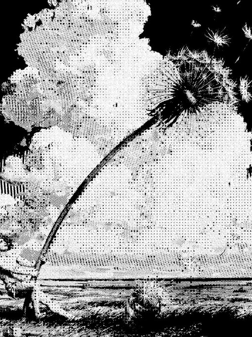 A black and white artistic image depicting a large cloud or smoke formation connected by a thin line to a small figure on the ground below.