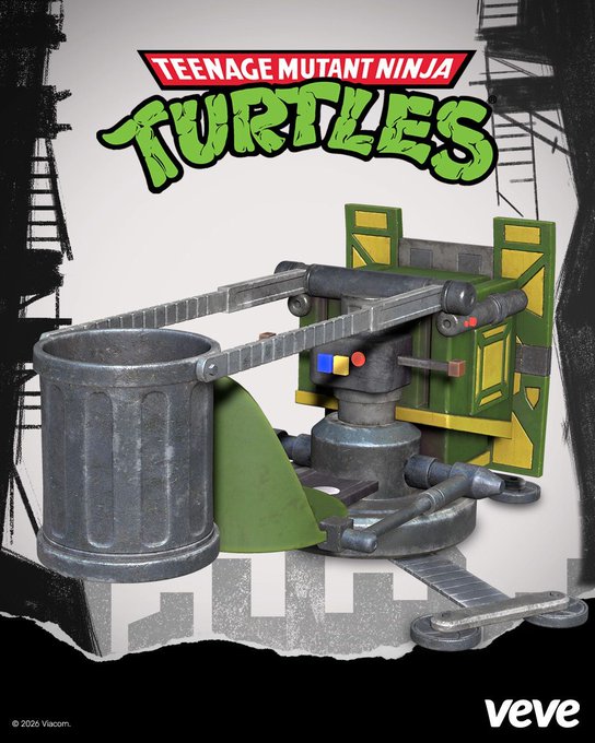 The image showcases a "Teenage Mutant Ninja Turtles" digital collectible featuring a detailed 3D render of the Turtle Catapult, complete with a trash can, wooden doors, and launching mechanism, set against a graffiti-style cityscape background with the iconic TMNT logo at the top and the "VeVe" logo at the bottom.
