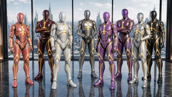 Seven futuristic, faceless humanoid figures in metallic pink, white, gold, and purple armor stand in a line against a sleek cityscape backdrop, representing the exclusive "Dominions" of the Kryphos NFT collection on Solana. The image visually reinforces the post's message of rarity and leadership, highlighting the elite tier of just 8 unique assets out of 4,488 in the collection.