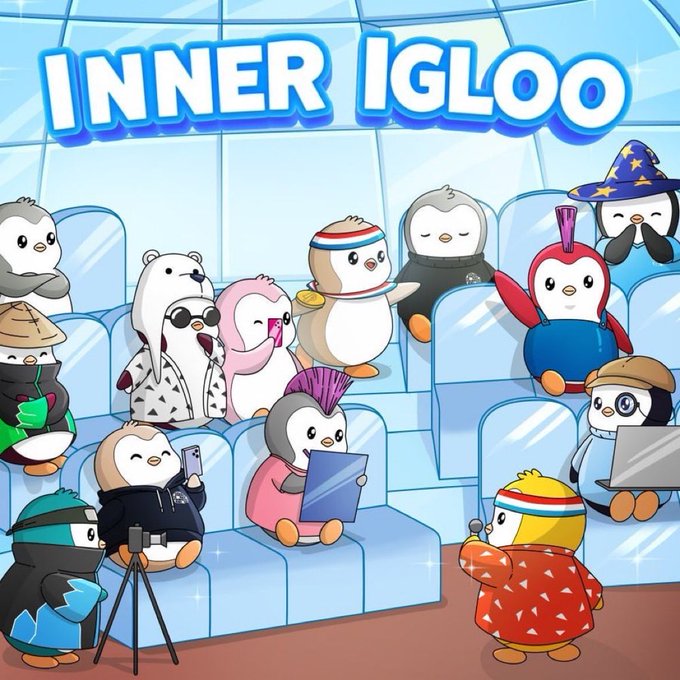 A colorful cartoon illustration titled 'INNER IGLOO' showing various anthropomorphic penguins in different outfits seated in an ice-block auditorium, some using phones and laptops.
