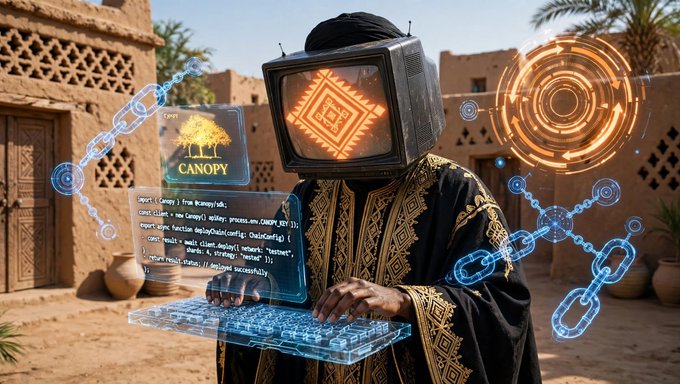 An AI-generated image showing a figure in traditional black and gold Middle Eastern attire wearing a vintage TV monitor as a head, typing on a futuristic holographic keyboard with 'CANOPY' branding visible on a screen displaying a tree logo.