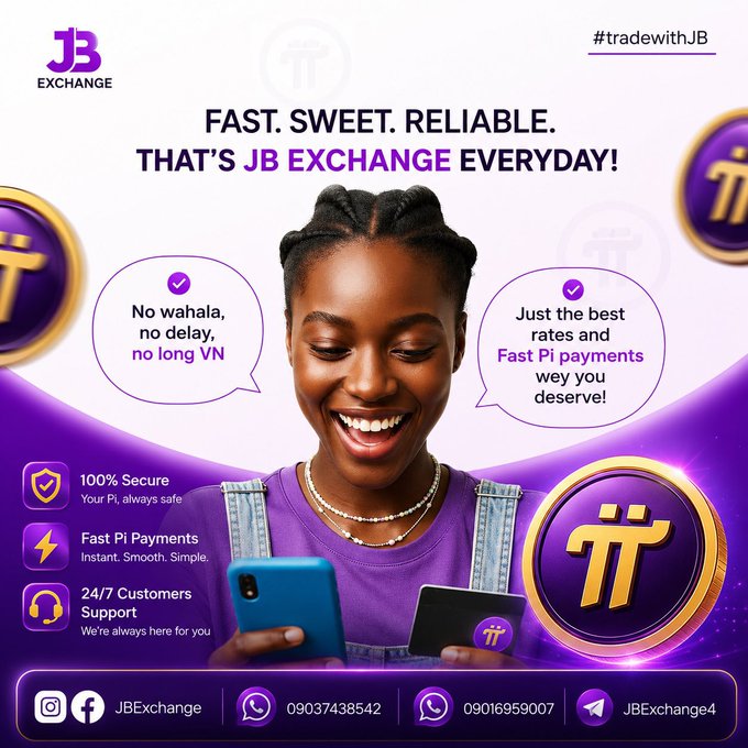 An advertisement for 'JB EXCHANGE' featuring the Pi cryptocurrency logo, describing the service as 'FAST. SWEET. RELIABLE.' and promoting Pi payments with contact number 09037438542.