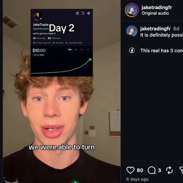 A young man presents a trading dashboard labeled "JakeTrade Day 2" showing a starting balance of $10.00 alongside a green growth curve, while subtitles read "we were able to turn," illustrating the post's criticism that the creator inflates perceived trading profits by simply depositing more cash rather than showing genuine returns.