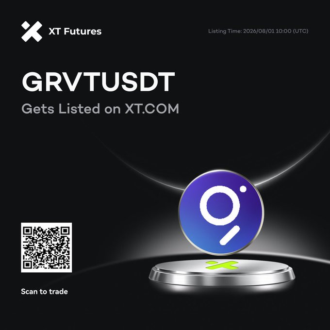 XT.COM has listed the GRVTUSDT USDT-M Perpetual Futures (supporting 1-10x leverage), with a QR code provided for direct access to trading on the platform, as the accompanying post states.