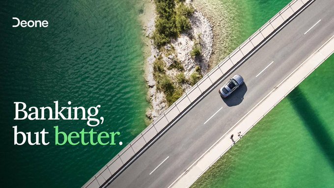 An aerial advertisement for 'Deone' showing a car driving across a bridge over turquoise water with the text 'Banking, but better.'