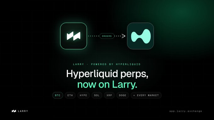 A promotional graphic for 'LARRY' with the text 'Hyperliquid perps, now on Larry,' listing cryptocurrencies BTC, ETH, HYPE, SOL, XRP, and DOGE as available markets.