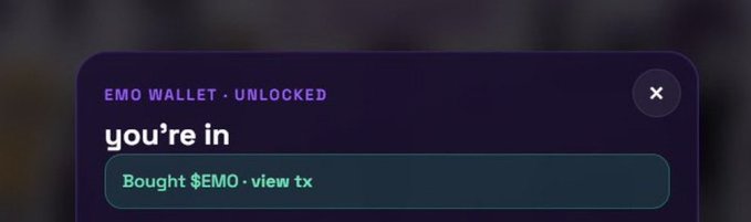 A confirmation notification from "EMO WALLET · UNLOCKED" displays "you're in" along with "Bought $EMO · view tx", confirming the user's first memecoin purchase on Monad, as referenced in the post about Emonad.