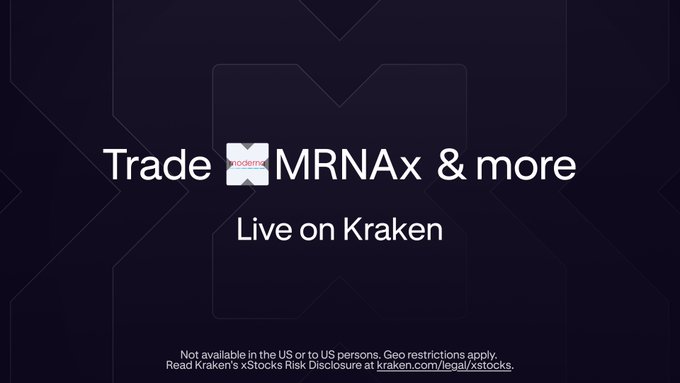 A Kraken promotional banner with the headline "Trade MRNAx & more Live on Kraken" against a dark background, advertising the tokenized Moderna stock (MRNAx) available for trading on the Kraken Pro platform.