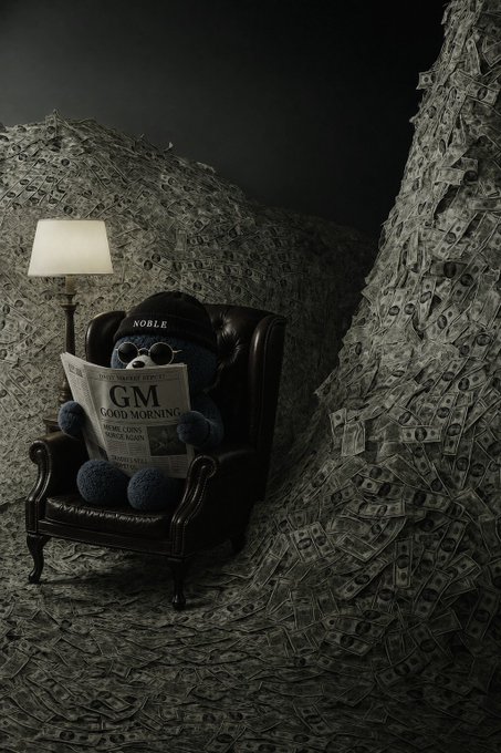 A blue teddy bear wearing a 'NOBLE' cap and sunglasses sits in a leather armchair reading a 'GM GOOD MORNING' newspaper, surrounded by massive piles of dollar bills forming mountain-like heaps.
