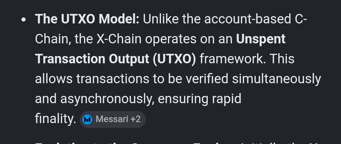 The image shows a text box with information about the UTXO model, which is an alternative way of verifying transactions. The text explains that the UTXO model is designed to avoid the account-based C-chain operation where the X-chain operates on an unsent transaction. This method allows for faster and more efficient verification of transactions by synchronously ensuring rapid finality. The image also includes a blue button with the text "MESSARI 2" in the bottom right corner, which could be used to interact with or provide additional information about the UTXO model.