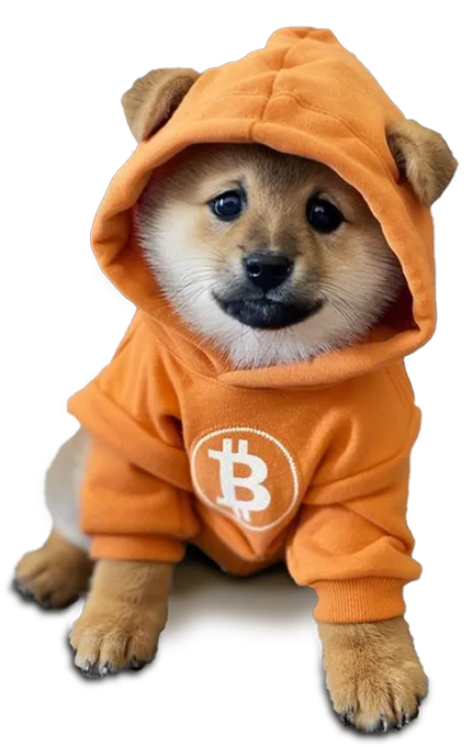An adorable Shiba Inu puppy wears a bright orange hoodie featuring the Bitcoin '₿' logo on the front, complete with dog ears on the hood.