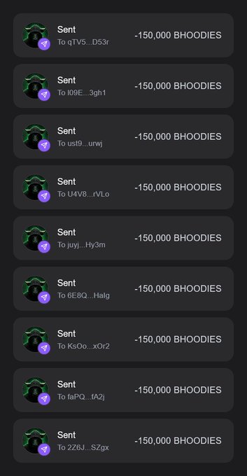 A screenshot showing a series of nine identical transactions, each displaying "-150,000 BHOODIES" being sent to various abbreviated Solana wallet addresses (such as qTV5..., l09E..., ust9..., U4V8..., juyj..., 6E8Q..., KsOo..., faPQ..., and 2Z6J...), visually confirming the claim that BHOODIES tokens are being airdropped to random wallets as part of the promotional giveaway.