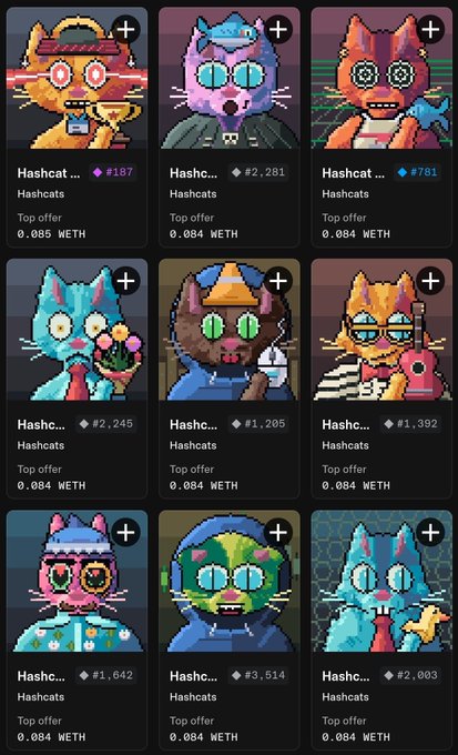 A grid display of nine pixel-art 'Hashcats' NFT collectibles, each showing a unique cat character with prices ranging from 0.084 to 0.085 WETH and offer counts like #187, #2,281, and #781.