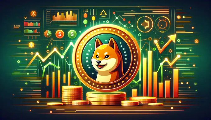 A vibrant crypto-themed graphic features a cartoon Shiba Inu dog inside a glowing golden coin, surrounded by upward-trending candlestick charts, bar graphs, and dollar signs against a dark green background, with stacks of gold coins at the base—visually reinforcing the post's message of massive Shiba Inu ($SHIB) token accumulation and price surge from $0.0000042 to $0.0000054 despite 2.4 trillion tokens flooding exchanges.