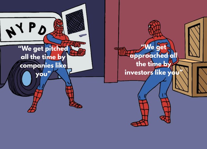 The Spider-Man pointing meme with two Spider-Men pointing at each other, with quotes reading "We get pitched all the time by companies like you" and "We get approached all the time by investors like you" set in an alleyway with an NYPD vehicle.