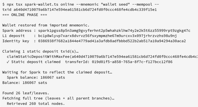 Terminal output showing a Spark wallet CLI command (`npx tsx spark-wallet.ts online --mnemonic "wallet seed" --mempool`) successfully claiming a static deposit of 186,067 sats (balance) after retrieving 260 total tree nodes.