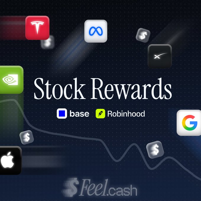 A promotional graphic titled "Stock Rewards" features logos for Tesla, Meta, NVIDIA, SpaceX, Apple, NVIDIA, and Google floating around logos for Base and Robinhood, with a stock chart trending downward in the background and "Feel.cash" branding at the bottom. The image visually represents Feel.cash's new feature that allows creators to distribute stock rewards—including Apple, NVIDIA, and Tesla—to token holders without requiring staking or manual claiming.