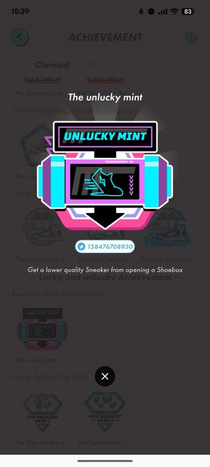 A mobile screenshot showing an 'Achievement' pop-up titled 'The unlucky mint' with an 'UNLUCKY MINT' badge and the description 'Get a lower quality Sneaker from opening a Shoebox'.