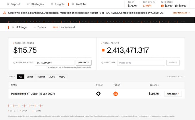The image shows the Saturn Portfolio page displaying holdings of "Pendle Hold YT-USDat (13 Jan 2027)" with a balance of $115.75 and total points of 2,413,471.317. It confirms the user's claim of recovering nearly half their initial $150 investment through accumulated S1 1M and S2 2.4M points, while noting Saturn's planned USDat collateral migration beginning August 19.