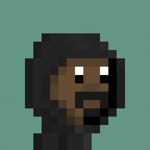 A pixel art portrait featuring a hooded figure with brown skin, glowing white eyes, and a dark hood against a teal background, which serves as the generative artwork for the NFT "Re:Generates #263" that sold for 0.0907 WETH on the blockchain.