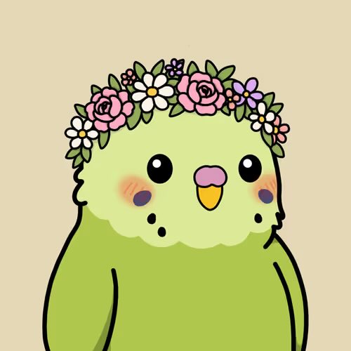 An illustration of a cute green bird-like character wearing a floral crown of pink and white flowers on a beige background.