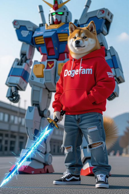 An anthropomorphic Shiba Inu wearing a red "Dogefam" hoodie wields a glowing blue energy sword while standing in front of a massive Gundam-style mech, blending meme culture with mecha aesthetics. The image embodies the "Dogefam" brand by featuring a confident, battle-ready dog mascot ready for action.