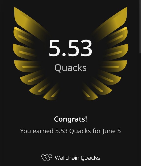 The image features a black background with a gold-colored logo of an eagle's wing design. The text "Good Night everyone Big shoutout to @quipnetwork for continuing to build the future of post-quantum crypto security" is displayed above the logo, and it also mentions that 5.53 Quacks were earned on June 5th.