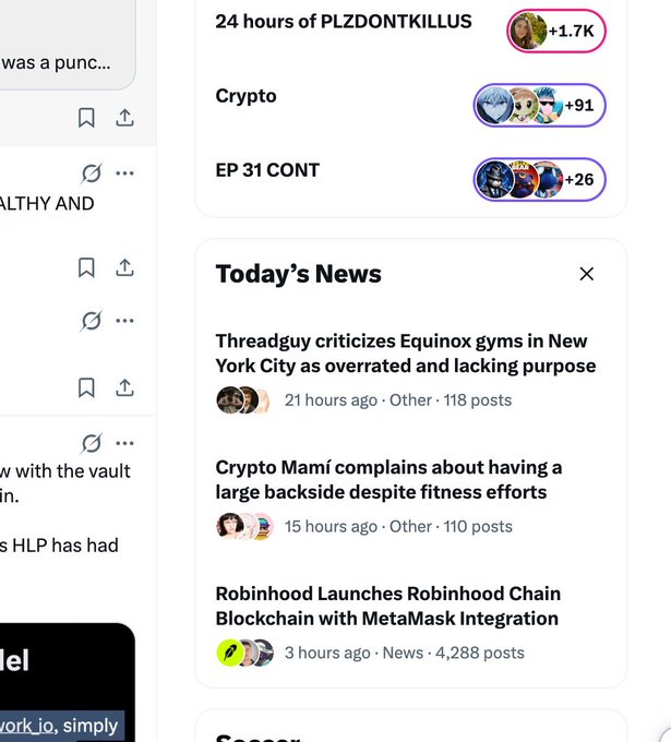 The image shows a social media sidebar displaying topics like "24 hours of PLZDONTKILLUS" (+1.7K posts), "Crypto" (+91), and "EP 31 CONT" (+26), along with a "Today's News" section featuring headlines such as "Threadguy criticizes Equinox gyms in New York City as overrated and lacking purpose," "Crypto Mami complains about having a large backside despite fitness efforts," and "Robinhood Launches Robinhood Chain Blockchain with MetaMask Integration." The caption "Put this headline in my obituary and on my tombstone" likely refers to the Robinhood Chain blockchain news, highlighting its significance as a memorable milestone in crypto history.