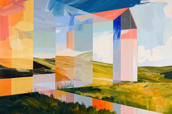 An abstract digital painting featuring a translucent, colorful house structure composed of vertical panels in shades of orange, blue, and pink, set against a rolling green and yellow landscape.